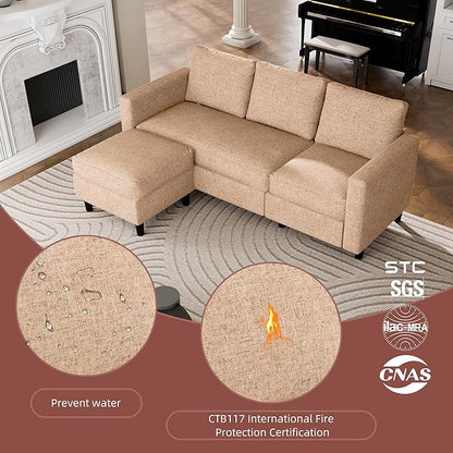 Nuturelly Convertible Sectional Sofa Couch with Movable Ottoman, 3-Seater Modern L-Shaped Sofa for Small Spaces, Soft Fabric Couch for Living Room, Small Apartment & Office(Brown)