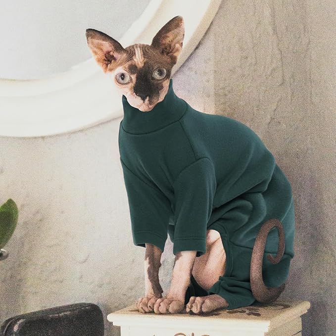 ROZKITCH Hairless Cat Clothes, Breathable Soft Jumpers for Cats Only, Full Cover Clothing with Four Legs, Warm Sweater T-Shirt Pajamas Jumpsuit Vest Cornish Rex Devon Rex Peterbald DarkGreen L