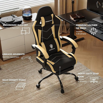 Gaming Chair with Footrest, Ergonomic 330lbs Leather Mesh Chair, Massage Lumbar Support, Adjustable Height & Headrest Pillow, Breathable Seat for Office, Home, Streaming, Long Gaming Sessions, Gold