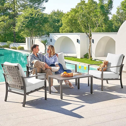 NATURAL EXPRESSIONS Patio Furniture 4 Piece Set,Outdoor Conversation Set Metal Patio Sectional Sofa with High Back Hand-Woven Rope Chairs by Hand Brushed Wood Grain Finish, 6" Cushion for Yard,Garden