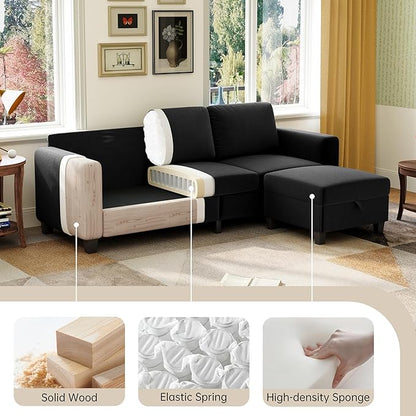 Sectional Sofa Couches for Living Room, 78'' Black 3 Seater L-Shaped Couch with Storage Ottoman, Comfy Velvet Convertible Sectionals Sofas with Chaise for Apartment, Office, Small Space