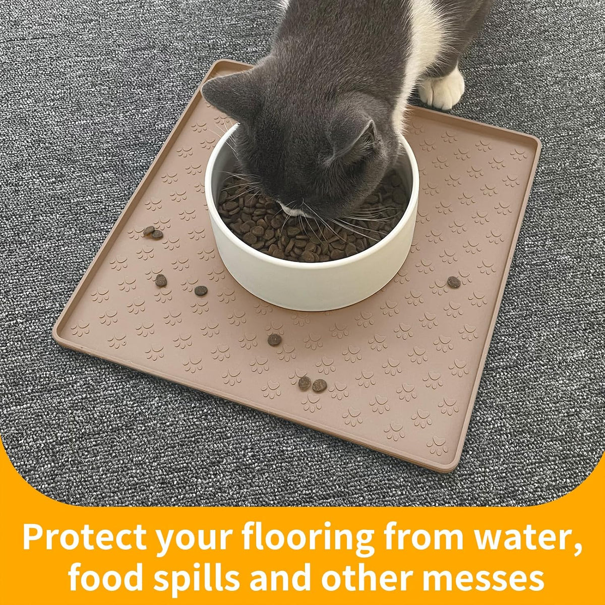 Ptlom Dog Food Mat Anti-Slip Bowl Mats for Food and Water, Waterproof Silicone Pet Placemat with High Raised Edges, Non-Slip Puppy Feeding Tray for Small, Medium Large Cats Dogs, Taupe, 11.8"x11.8"