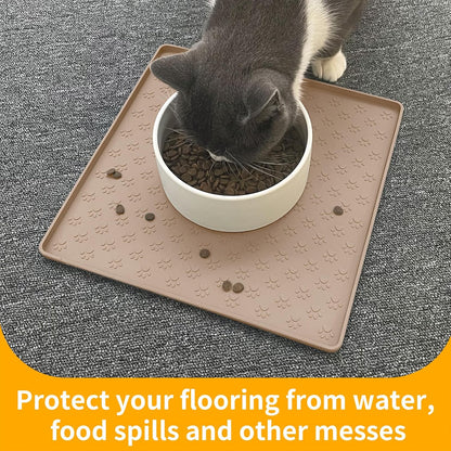 Ptlom Dog Food Mat Anti-Slip Bowl Mats for Food and Water, Waterproof Silicone Pet Placemat with High Raised Edges, Non-Slip Puppy Feeding Tray for Small, Medium Large Cats Dogs, Taupe, 11.8"x11.8"