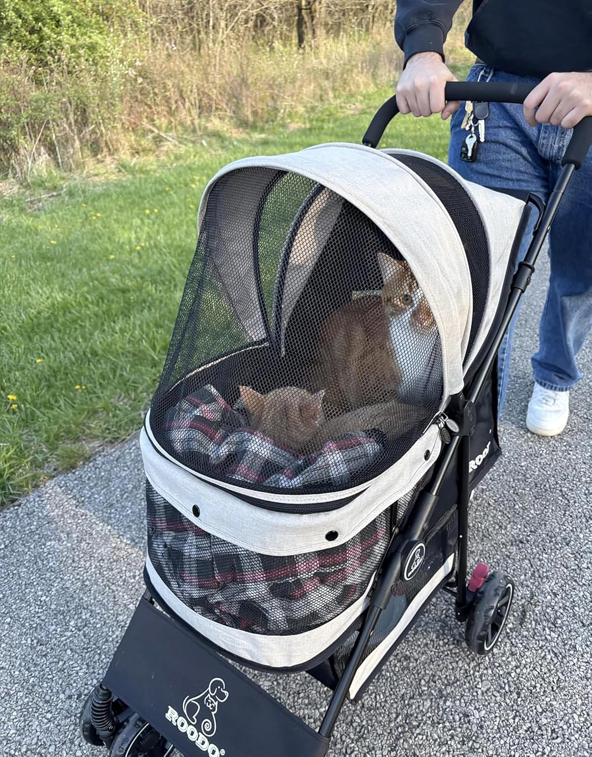 ROODO 4 Wheel Dog Cat Pet Stroller Best Lightweight Foldable Compact Portable Jogger All Terrain Travel Pet Gear Puppy Doggie Bunny Kitty Stroller for up to 30lbs Medium Small Dogs Cats(Light Khaki)