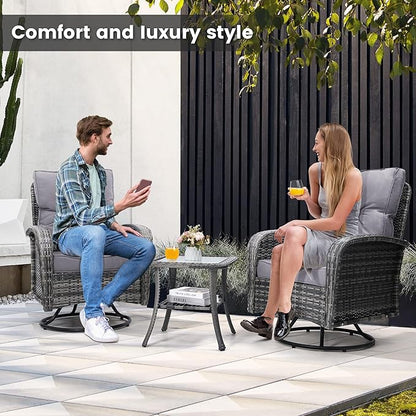 wildformers Luxury Outdoor Swivel Wicker Glider Patio Chairs with Table Set, Overstuffed Washable Cushions, Ideal for Porch, Balcony, Deck, Grey Rattan and Grey Cushion