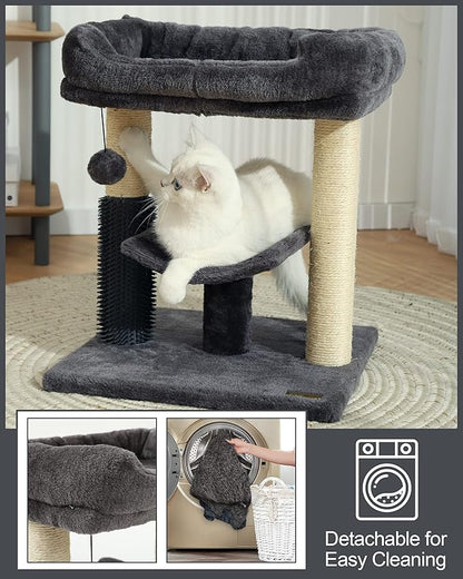Hoopet 20-Inch Cat Tree Tower, Small Cat Scratching Post for Indoor Cats and Kittens, Sisal Cat Scratcher with Plush Bed Perch, Self Groomer and Hanging Toy Ball, Smoky Grey