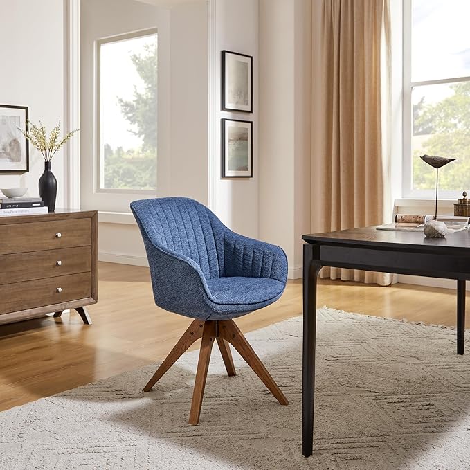 Art Leon Desk Chair - Mid Century Modern Office Chair No Wheels, Swivel Accent Chair with Oak Wood Legs, Fabric Upholstered Arm Chair, Blue
