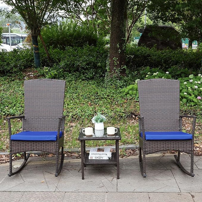 Oasishine Rocking Chair Outdoor 3 Pieces High-Backed Patio Rocking Chairs Bistro Table and Chairs Set of 2, Royal Blue