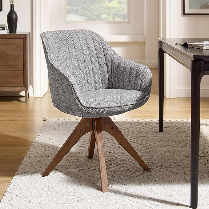 Art Leon Desk Chair - Mid Century Modern Office Chair No Wheels, Swivel Accent Chair with Oak Wood Legs, Fabric Upholstered Arm Chair, Gray