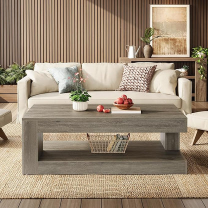 Tribesigns Coffee Table for Living Room, 47.24 Inch Farmhouse 2-Tier Accent Center Tea Cocktail Table with Storage, Elegant Grey, Rectangular