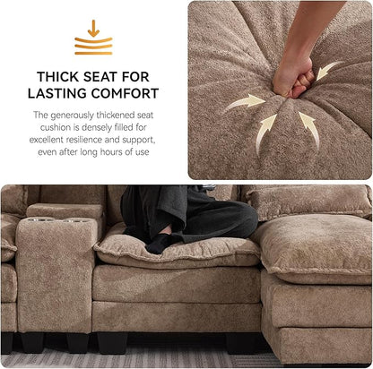 125'' U Shaped Cloud Modular Sofa with Chaise Lounges, Upholstered Comfy Sectional Couch with Storage Console, USB Charging & Cup Holders, Small Deep Seat Sofa for Living Room, Sherpa- Chenille Camel
