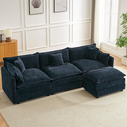 saows Modular Sectional Sofa, 112.2 Inch L Shaped Couch Set with Armrests, 3-Seater Comfy Cloud Couches with Movable Ottoman for Living Room Apartment, Blue