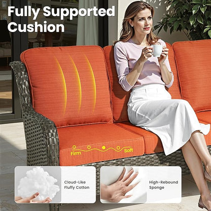 ovios 6 Pieces Patio Furniture Set, Outdoor Wicker Sofa Couch with Swivel Chairs Ottomans Comfy Cushions, High Back Modern All Weather Conversation Sets, Brown Rattan, Orange Red