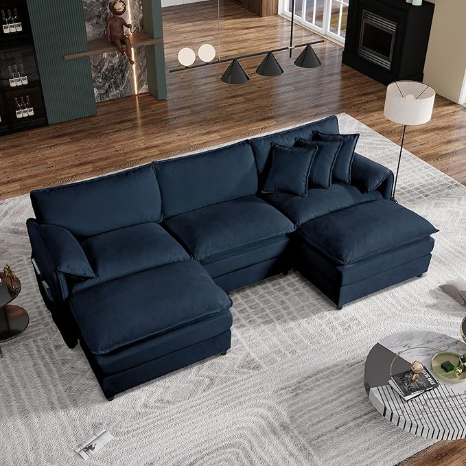 109.45" Oversized Extra Deep Seat Modern Chenille Cloud Couch, Large 3 Seater U Shape Modular Sofa for Living Room Bedroom Apartment Office (Blue, 109.45 Inch-U Shape)