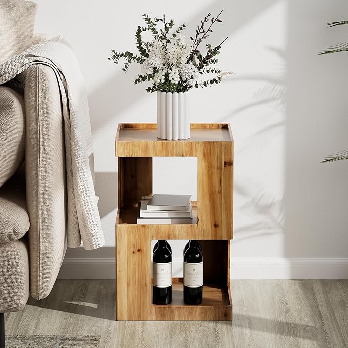 COZAYH Farmhouse Geometric Wood End Table, Distressed Accent Side Table with Two Storage Space, 3-Layer Cube Design for Bedroom, Living Room, Entryway.