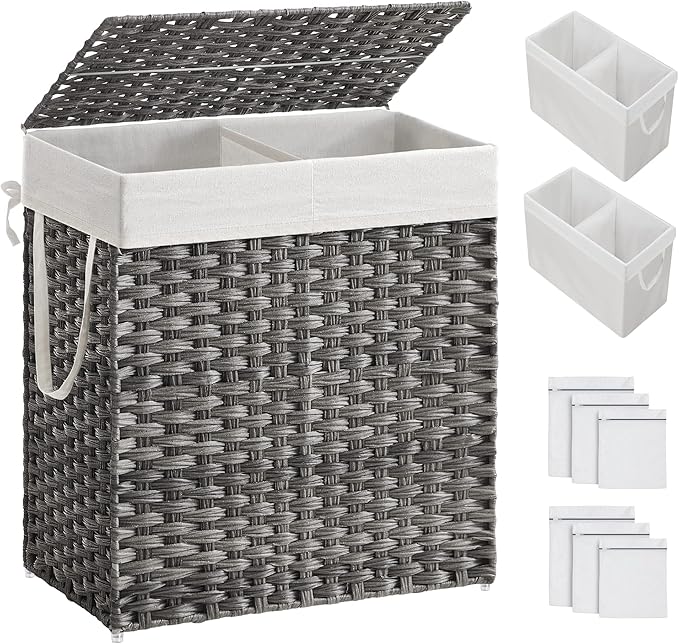 SONGMICS Laundry Hamper with Lid, 110L Clothes Hamper with 2 Removable Liner Bags, 6 Mesh Bags, Wicker Laundry Basket, Double Laundry Hamper for Bathroom, 13 x 22.4 x 23.6 Inches, Gray ULCB52WG