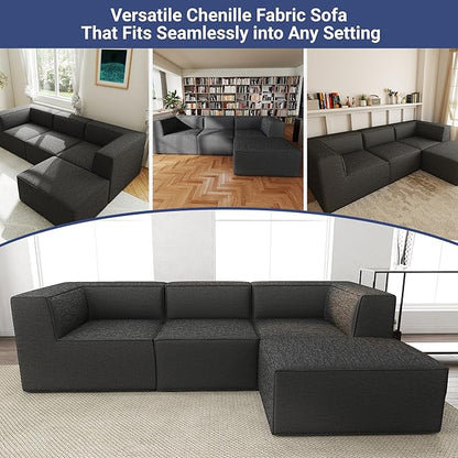 106" Sectional Compressed Sofa Modular Couches L-Shape with Chaise,High-Density Foam No Assembly Required,4-Piece(2xCorner 1xArmless 1xOttoman) for Living Room Chenille Dark Grey