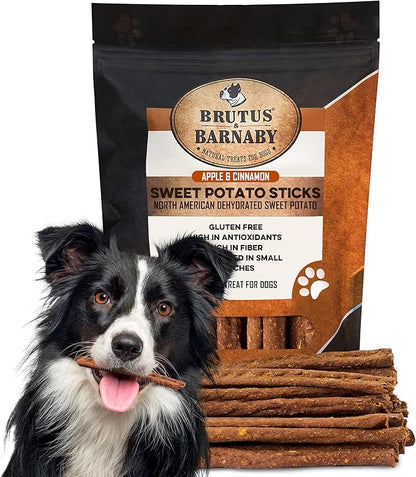 BRUTUS & BARNABY USA Sweet Potato Dog Treats - Crunchy Grain Free Cinnamon Apple Sticks, Promotes Positive Gut Health with Natural Anti-Diarrhea Properties (Cinnamon & Apple, 8 oz)