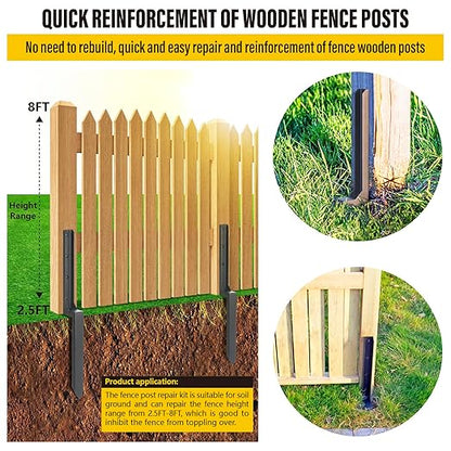 Epcee Heavy Duty Steel Fence Post Repair Stakes, Fence Post Anchor Ground Spike, for Repair Tilted/Broken Wood (6 Pack/Black