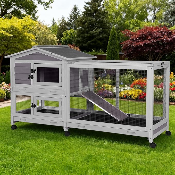 Large Rabbit Hutch Indoor, Bunny Cage Outdoor with Chew-Proof Ramp, 2-Story Guinea Pig Cages with 6 Wheels, 3 Pull-Out Trays, Waterproof Asphalt Roof, 62" L - Grey
