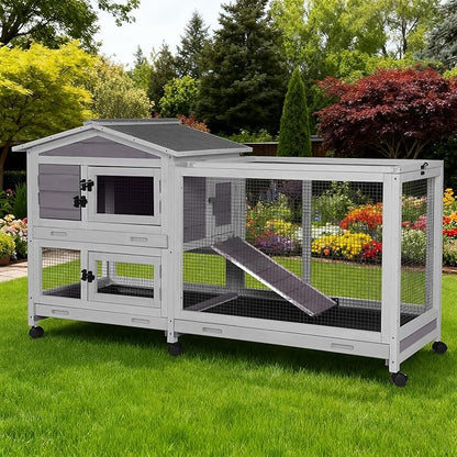 Large Rabbit Hutch Indoor, Bunny Cage Outdoor with Chew-Proof Ramp, 2-Story Guinea Pig Cages with 6 Wheels, 3 Pull-Out Trays, Waterproof Asphalt Roof, 62" L - Grey