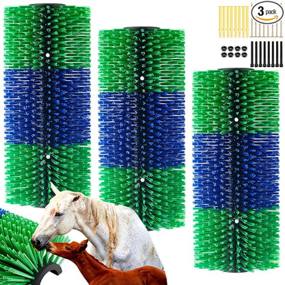 3 Pack Livestock Scratching Brush, Blue and Green | Animal Scratcher, Itch Relief Grooming, Horse Goat Cow Scratcher, Fence Post Mounting, Durable Bristles, Farm Livestock Care