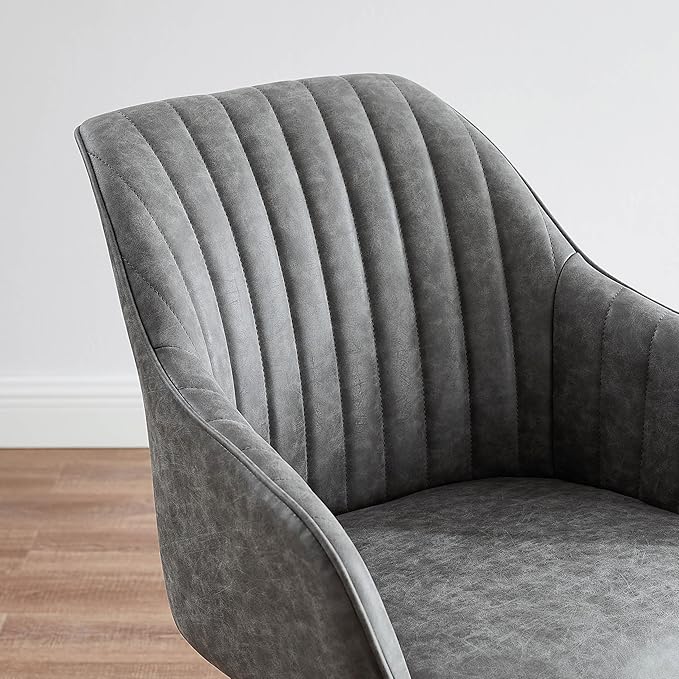 Art Leon Office Chair No Wheels, Mid Century Modern Desk Chair, Swivel Accent Chair with Oak Wood Legs, Faux Leather Upholstered Armchair for Desk, Gray