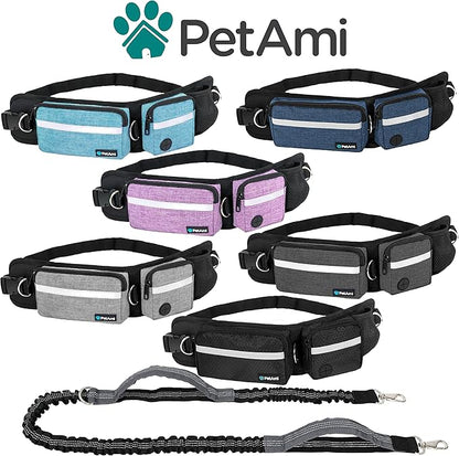 PetAmi Hands Free Dog Leash, Dog Running Leash Belt Bag for Walking, Jogging, Dog Waist Double Zipper Pouch with Poop Bag Dispenser, Dual Padded Handles Reflective Bungee Leash, Single (Turquoise)