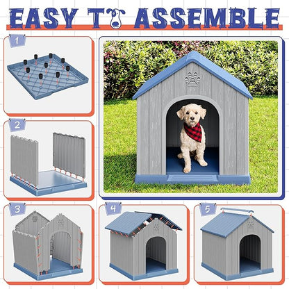 Dog House Outdoor Indoor, Plastic Small Dog House-Weatherproof & Insulated Design with Air Vents & Elevated Floor for Small to Medium Dogs, Easy Clean and Assemble (Blue)