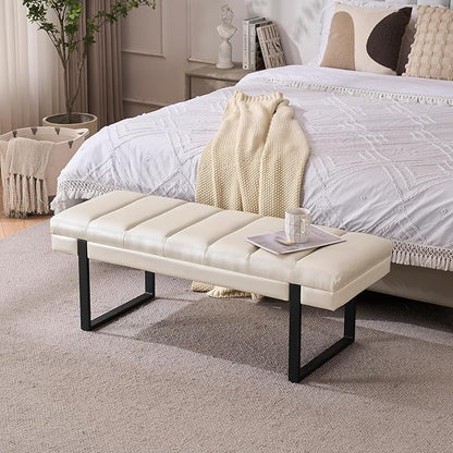 AIITTCC Faux Leather Ottoman Bench, Tufted Padded End of Bed Bench with Metal Legs, Upholstered Shoe Bench for Bedroom Living Room Entryway Window (Beige White, 46" Wide)