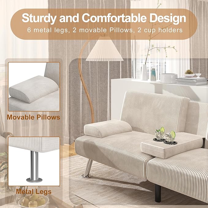 Shahoo Modern Upholstered Convertible Folding Futon Sofa Bed with Removable Armrests, Metal Legs, 2 Cup Holders for Living Room, Beige