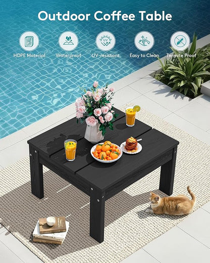 SERWALL HDPE Outdoor Furniture Set, 6 Seats Outdoor Sectional with Coffee Table, Outdoor Conversation Sets with Adjustable Backrest Sofa for Deck, Yard and Balcony, Black Frame with Grey Cushion