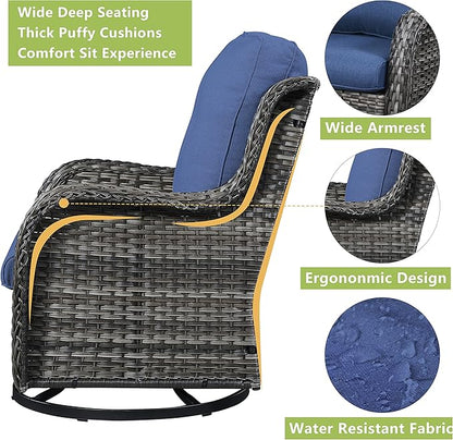 Patio Furniture Swivel Chairs Set - 6 Piece Wicker Rattan Outdoor Sectional Conversation Sets with 2 Swivel Rocking Chairs,2 Ottomans,1 Loveseat and 1 Coffee Table for Porch Deck(Mixed Grey/Blue)
