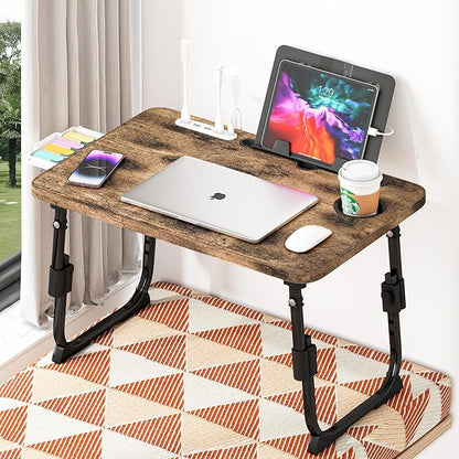 DECOSIS Laptop Desk for Bed Height Adjustable, Lap Bed Table with USB/Storage Drawer/Cup Holder/Tablet Stand/Book Shelf, Foldable Breakfast Tray Portable for Reading Writing, Sofa & Floor, Carbonized