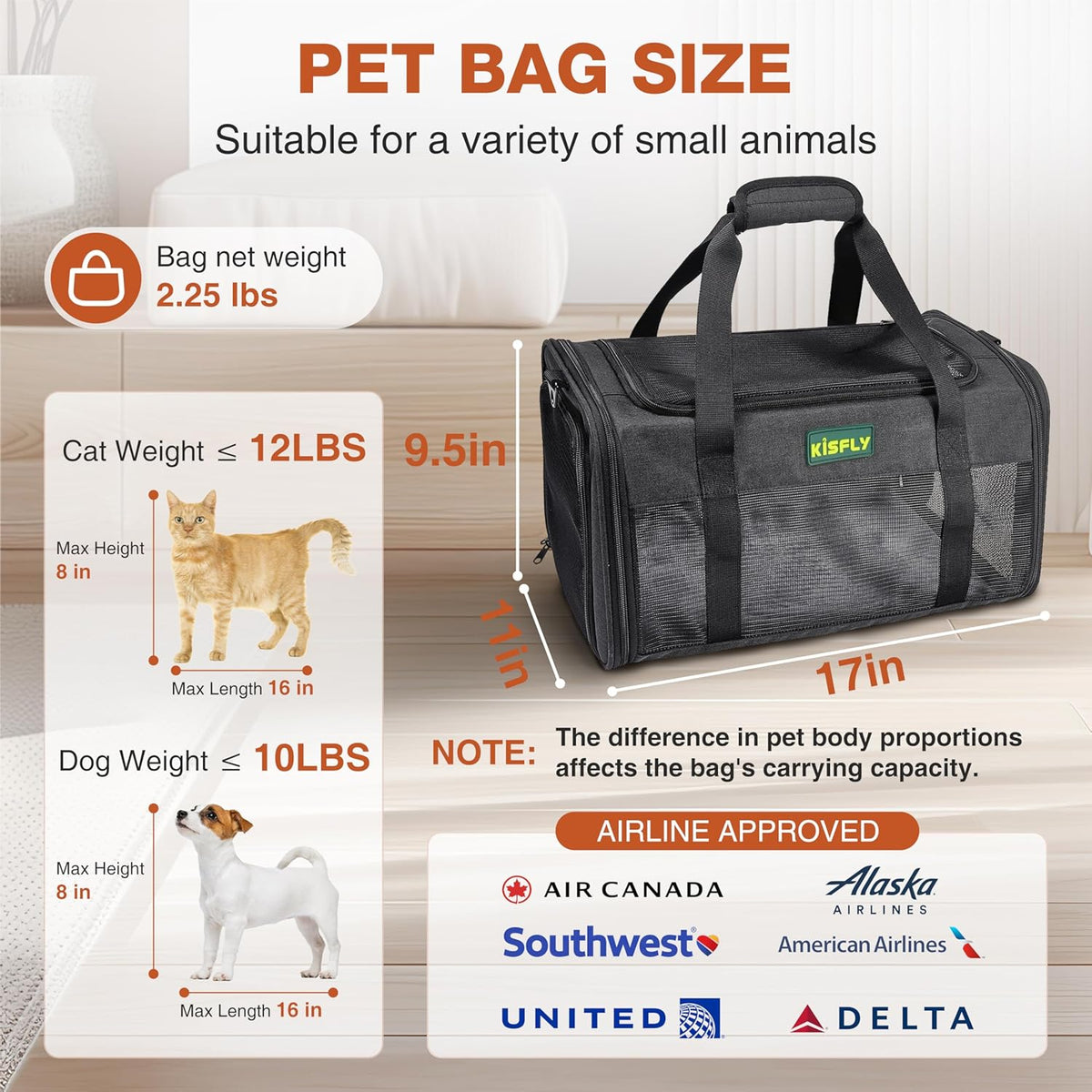 Airline Approved Cat and Small Dog Carrier – Soft-Sided, Foldable Under-Seat Travel Bag for Pets up to 12 lbs (17"x11"x9.5"), Top-Loading, Scratch-Resistant Mesh, Black