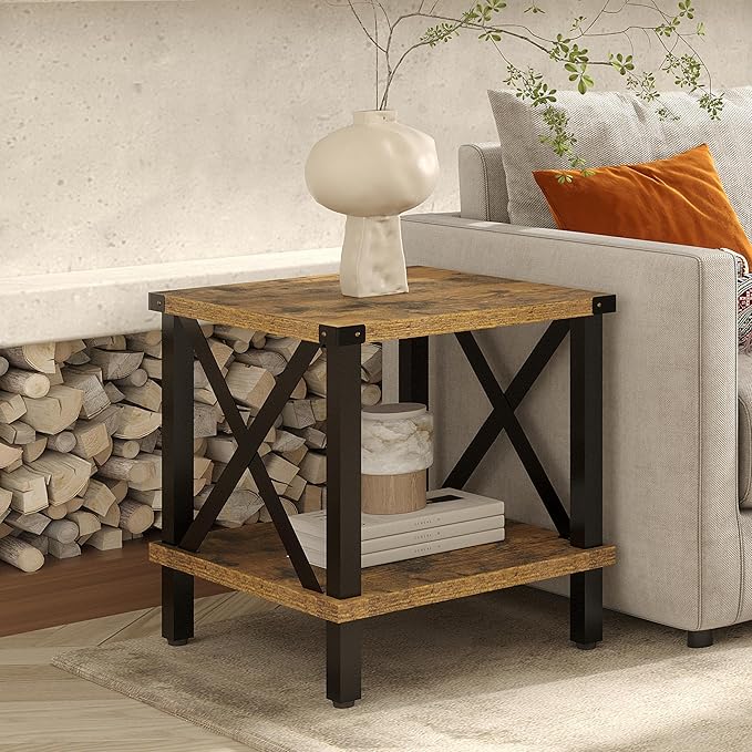 Large End Table Farmhouse Side Table Industrial Style Sofa Table Coffee Table Metal X Accent Wood End Table NightStand with Storage Shelf for Living Room Bedroom MLBZ16R