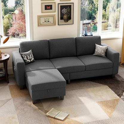 Sectional Sofa Couches for Living Room, 78'' Dark Grey 3 Seater L-Shaped Couch with Storage Ottoman, Comfy Fabric Convertible Sectionals Sofas with Chaise for Apartment, Office, Small Space