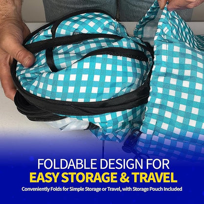 Pet Fit For Life Extra Large Cat Carrier for Travel - Foldable & Portable Collapsible Kennel with Litter Box, Feather Toy & Water/Food Bowl - Ideal for Cars, Long Trips & Indoor Cats - Teal Checkers