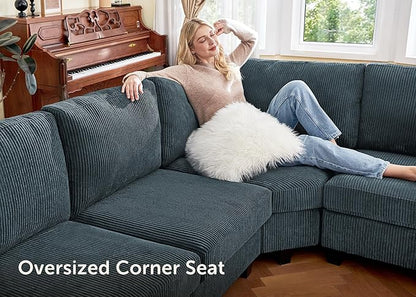 Nolany Sectional Couch with Storage Ottoman, Corduroy Sleeper Sectional Sofa with Chaise, Modular Sectional Couches for Living Room, Blue