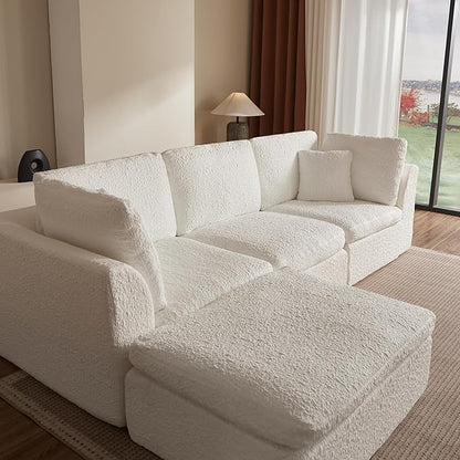 Cilee 110" Modular Sectional Sofa, Cloud Couch with Deep Seat, L-Shape Boneless Sofa, 3 Seat Memory Foam Sofa, No Assembly Required, Upholstered Couch for Living Room, Movable Ottoman, Chenille, White