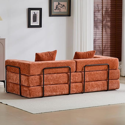 Convertible Couch Sofa Bed Foldable Floor Sleeper | Modern Fold Out Couch | Removable Backrest & Armrests | No Assembly Compression Sofa Sleeper for Living Room, Bedroom | Orange Chenille