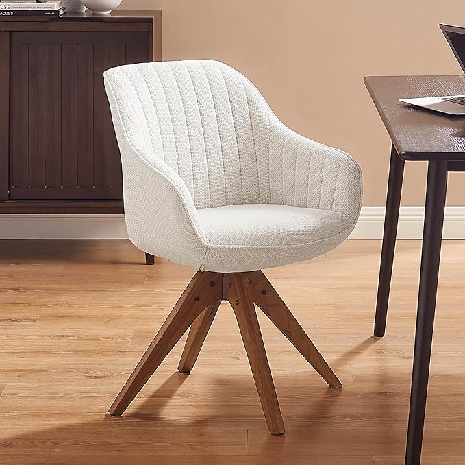 Art Leon Desk Chair No Wheels, Mid Century Modern Office Chair, Swivel Accent Chair with Oak Wood Legs, Fabric Upholstered Arm Chair, Ivory