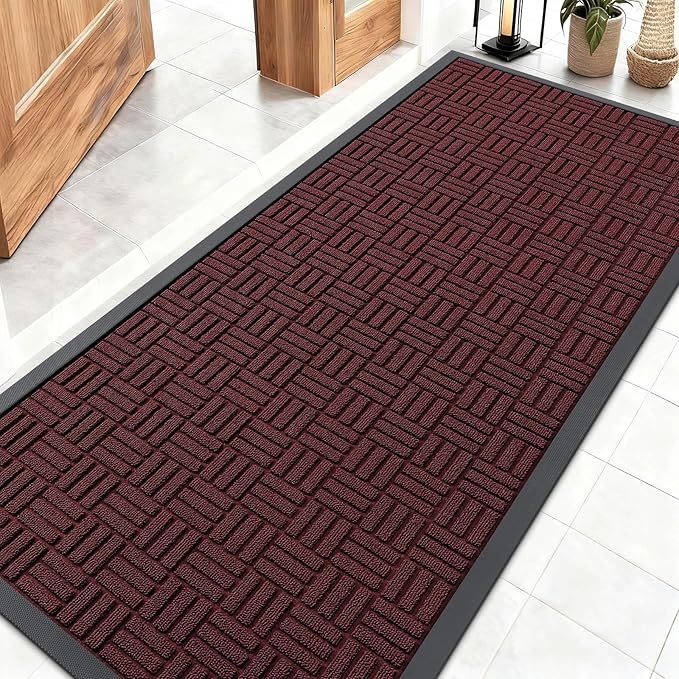 OLANLY Front Door Mat Outside Entrance 59x23, Absorbent, Heavy Duty Sturdy Natural Rubber Doormat Indoor Outdoor, Non-Slip, Stain and Fade Resistant, Low Profile Floor Mat for Entryway, Burgundy