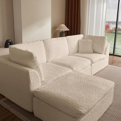 Cilee 110" Modular Sectional Sofa, Cloud Couch with Deep Seat, L-Shape Boneless Sofa, 3 Seat Memory Foam Sofa, No Assembly Required, Upholstered Couch for Living Room, Movable Ottoman, Chenille, Beige