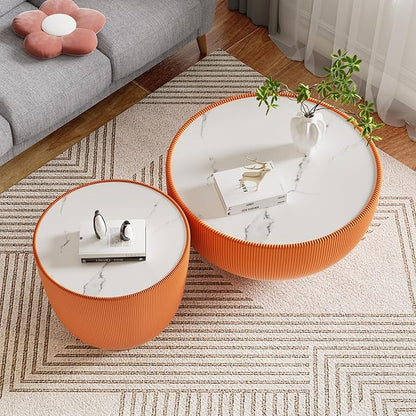Round Coffee Table Set with Sintered Stone Tabletop, 29.53" Orange Drum Center Table and 19.69" Orange Coffee Table Set, 2 Pieces Living Room Table Set with Fluted PU Leather Cover&Metal Base