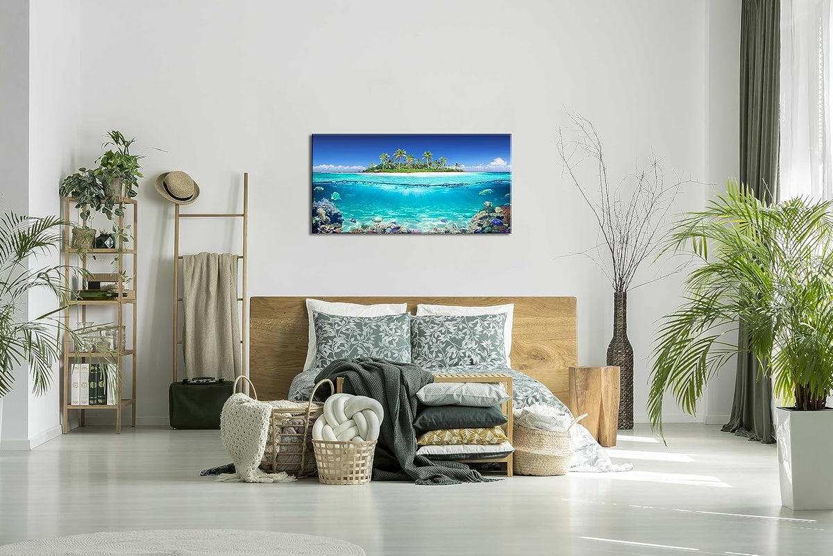 Tropical Island Coral Reef Landscape Canvas Wall Art for Living Room,Unique View Split Waterline Scenery,Beautiful Nature Summer Travel Scenic Picture Print Artwork Painting Decor,Inner Frame 24x48