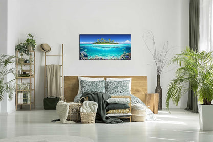 Tropical Island Coral Reef Landscape Canvas Wall Art for Living Room,Unique View Split Waterline Scenery,Beautiful Nature Summer Travel Scenic Picture Print Artwork Painting Decor,Inner Frame 24x48