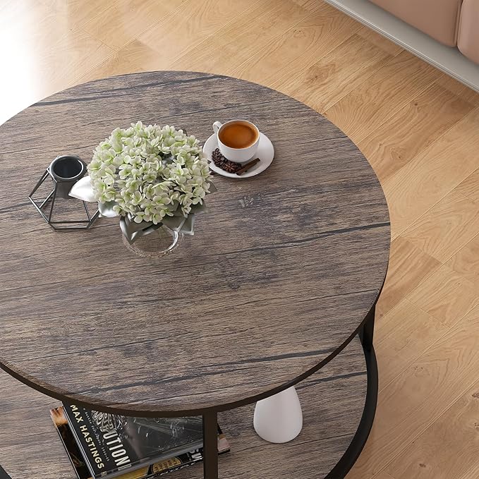 NSdirect Round Coffee Table, 25.6" Small Coffee Table for Living Room,2-Tier Rustic Wood Desktop with Storage Shelf Modern Design Home Furniture(Light Walnut)