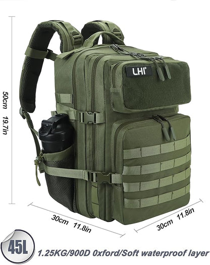LHI Military Tactical Backpack for Men and Women 45L Army 3 Days Assault Pack Bag Large Rucksack with Molle System - Green