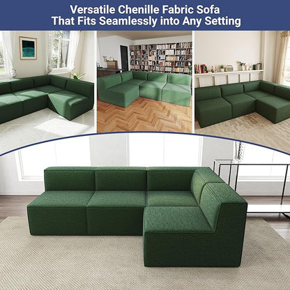 97" Sectional Compressed Sofa Modular Couches,High-Density Foam No Assembly Required,3-Piece(1xCorner 3xArmless) for Living Room, Chenille Green